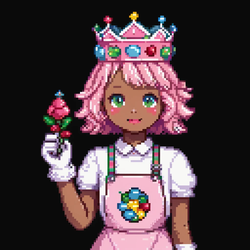 Portrait of a baker dressed in pink candy-themed clothes, gummy bears on his sleeves, rock candy crown, marshmallow gloves, skeuomorphism style emoji