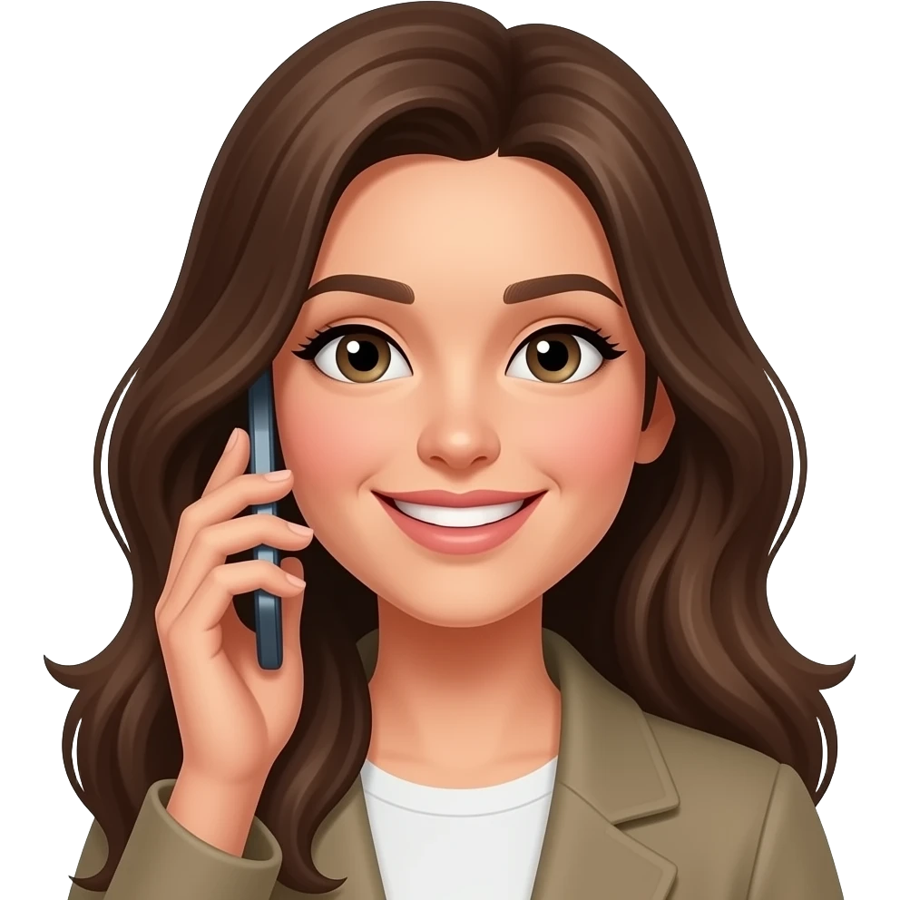 smiling lady with dark blonde hair holding phone emoji