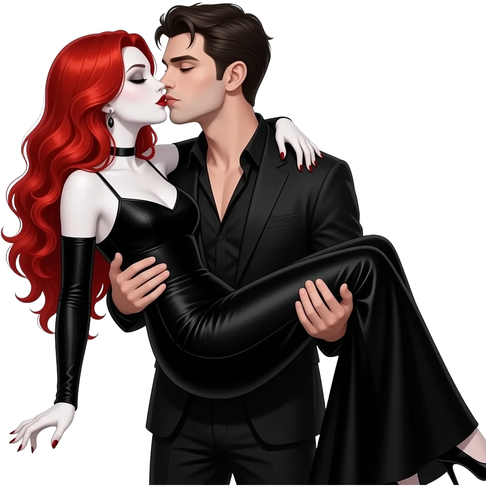 Vampiro femmina  con capelli lunghi rosso fuoco ondulati con pelle bianca che indossa un vestito lungo con le maniche strette e nero che è tenuta in braccio dal suo ragazzo VAMPIRO e si stanno baciando emoji