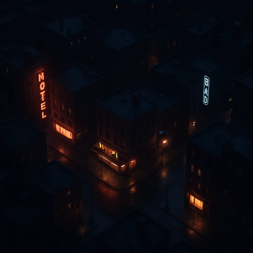 Realistic top-down view of a night city, all in shadow, only establishments glowing, dark and moody, cinematic style emoji