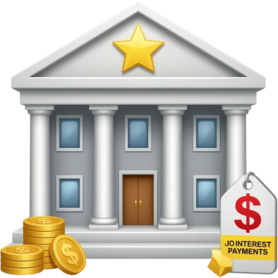 Create an emoji that shows a government building with coins and a small tag indicating no interest payments. emoji