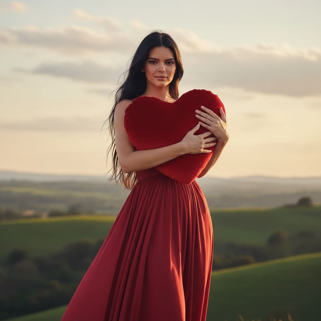 A full-length photo of a Kendall Jenner with long black hair holding a red heart emoji