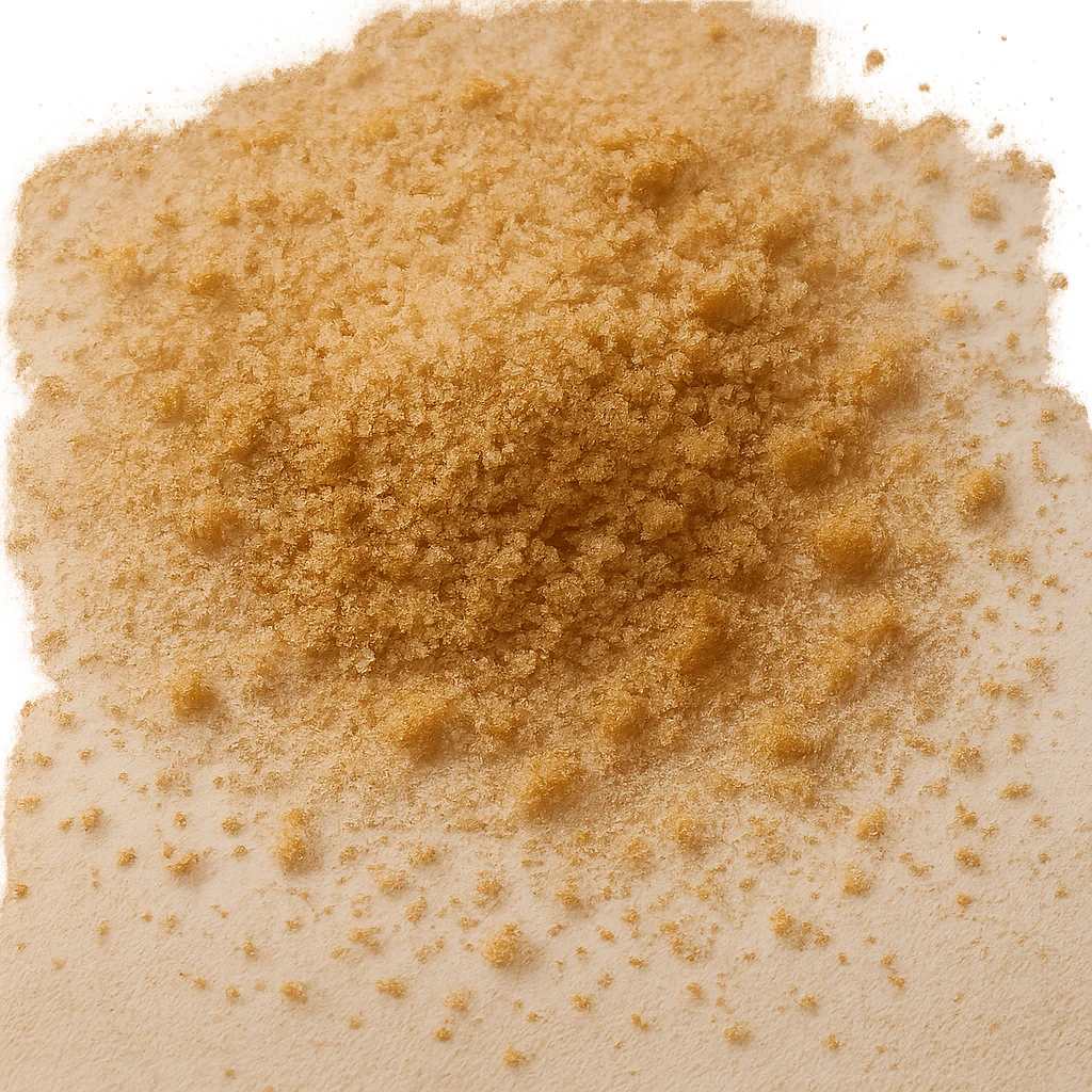 Refine the golden-brown sugar scatter to show fine, small grains with a warm amber color, matte and lightly clumped, natural molasses look, no spoon, bowl, or packaging, soft lighting, subtle shadows, transparent background, emoji scale. emoji