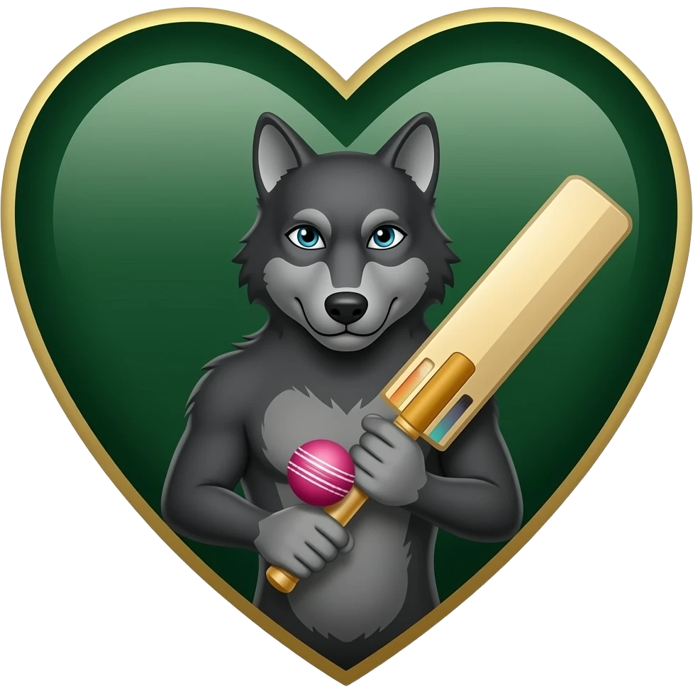 Dark Green and gold heart with a tough dark grey wolf holding a pink cricket ball and cricket bat emoji