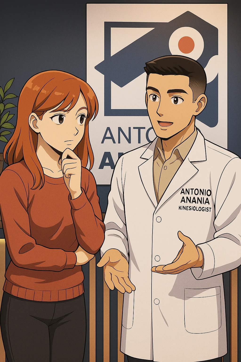 su questo stile fai un manga/webtoon a colori in cui una donna SI TOCCA IL MENTO CON L'INDICE MENTRE ASCOLTA PENSIEROSA L'UOMO, l'uomo della foto in stile manga LE SPIEGA CHE DEVE PROVARE LA SUA VALUTAZIONE MEDICA, mantieni un ambiente simile alla foto che ho allegato con il suo logo (sarebbe il suo studio, lui è un kinesiologo), scrivigli "ANTONIO ANANIA" sul camice bianco, non mettere fumetti, ma fai in modo che sembri che la donna ASCOLTI l'uomo emoji