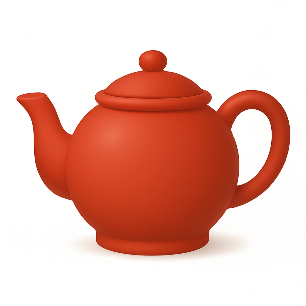 Create a teapot in the same moderate red color as the reference teapot, matching the style and shading of the attached coffee cup emoji. The teapot should have no face and be in the emoji style as shown in the coffee cup emoji. Add a soft shadow under the teapot. emoji