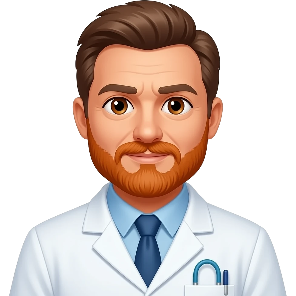 Middle aged man, brown hair, orange beard, brown eyes wearing white Dr coat - remove wrinkles emoji