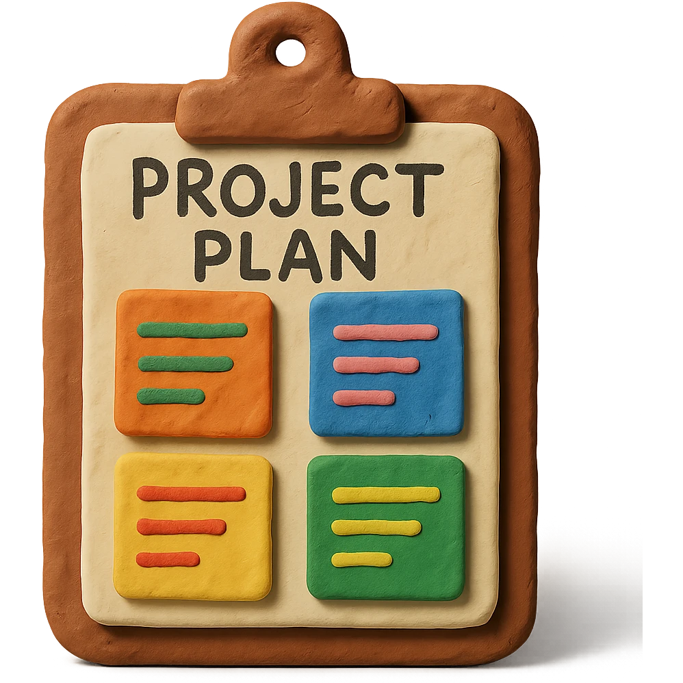 claymation style project plan with clay clipboard and colorful notes emoji