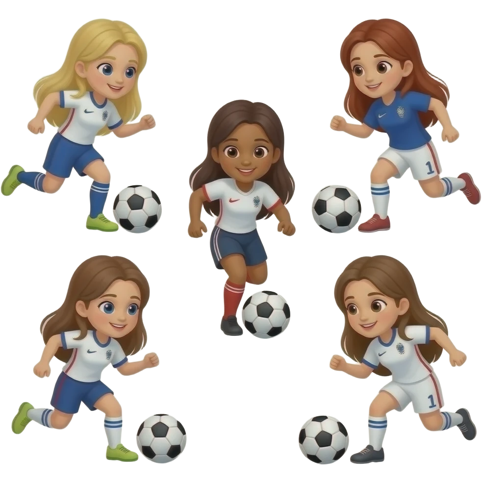A team of seven women playing soccer in France : one with long blond hair and white skin, one with auburn long hair and white skin, one with caramel-colored skin and chestnut hair, two with chestnut long hair and white skin, two with brown middle hair and white skin emoji