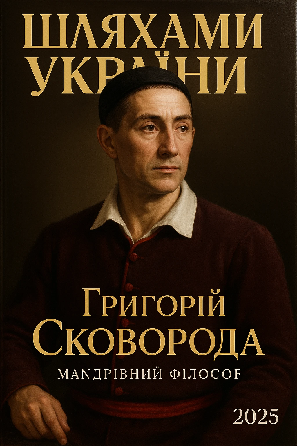 Create a glamorous, ultra-realistic magazine cover titled "Шляхами України".
The cover features Princess Olga from the downloaded image.
The cover design should be bright with elegant typography.
Add the title: "Григорій Сковорода", the subtitle: "Мандрівний філософ", and the release date: "2025".
Include additional subheadings and a well-thought-out layout.
Premium lighting, dramatic shadows, rich colour correction, glossy paper texture, minimalist background, focus on the character and typography in the spirit of glossy publications. emoji