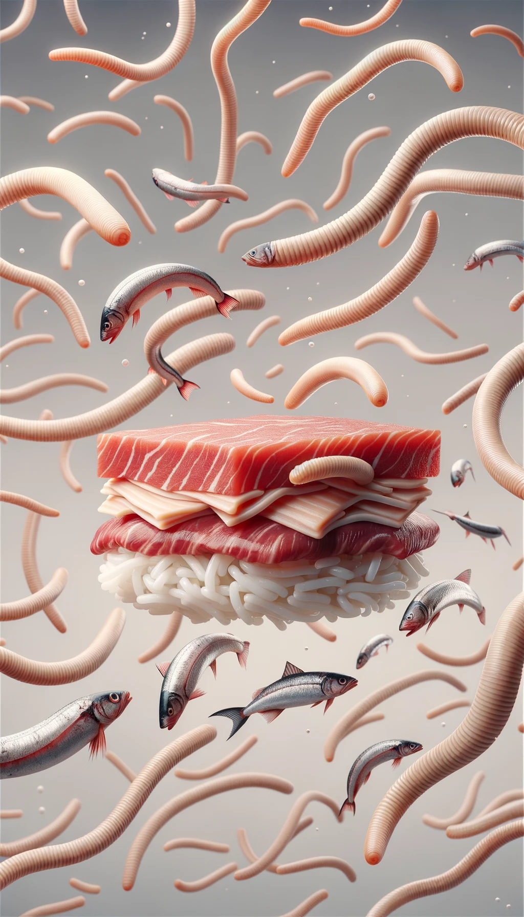 carne cruda fluttua insieme a pesce crudo (tipo sushi), intorno a loro fluttuano vermi lunghi e beige chiaro, sfondo neutro chiaro, iperrealistico 4k emoji