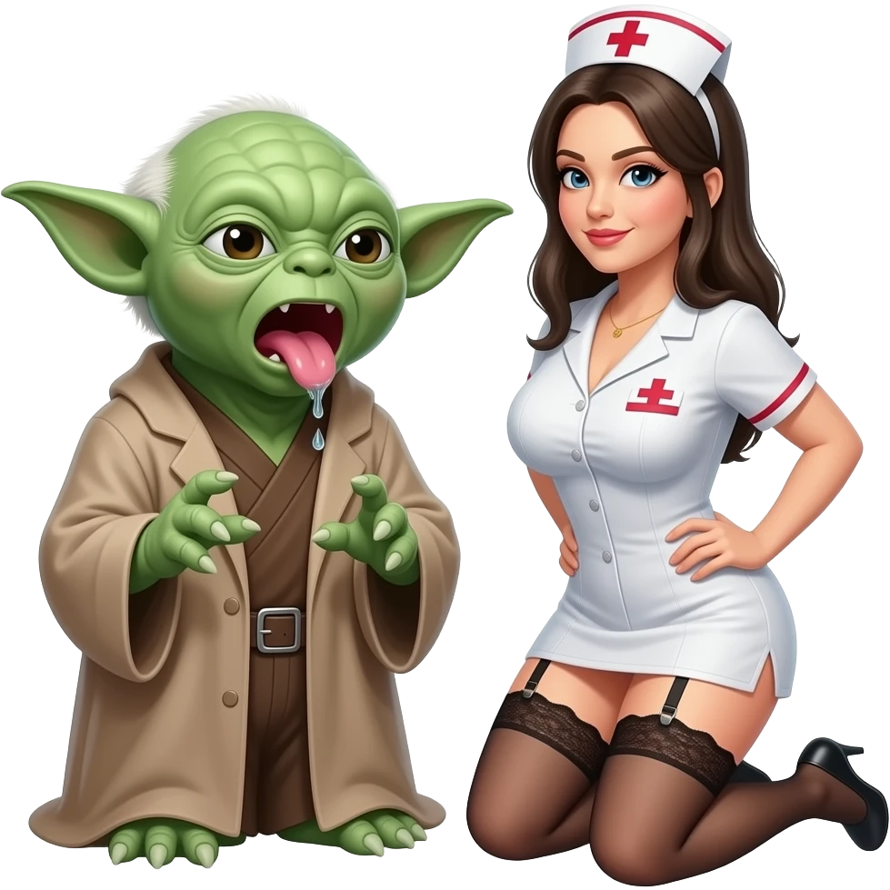 Yoda with a large breasted nurse, shorter outfitnurse mouth wide open with droolvery skimpy lingerie,open mouth  wearing garter belt, kneeling in front of yoda emoji