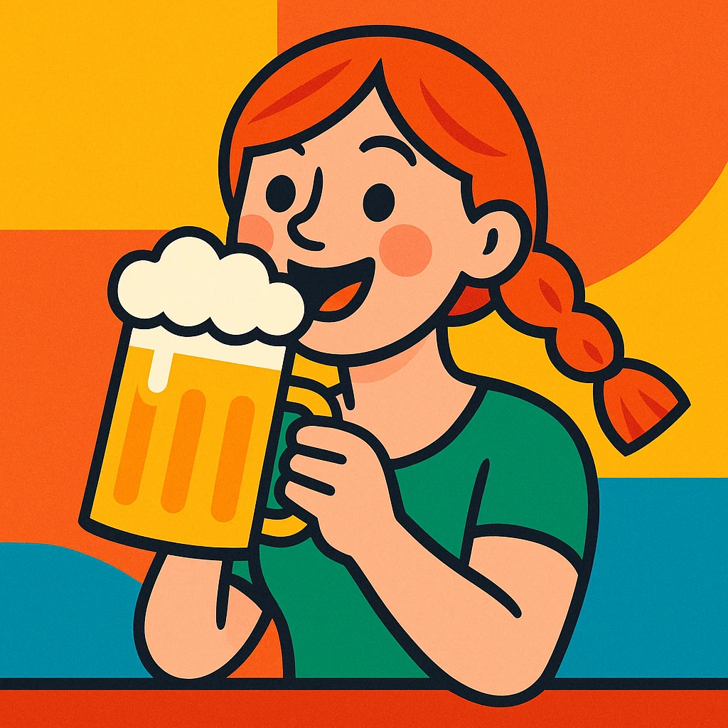ginger-haired girl drinking beer, cheerful expression, vibrant colors, modern illustration style emoji