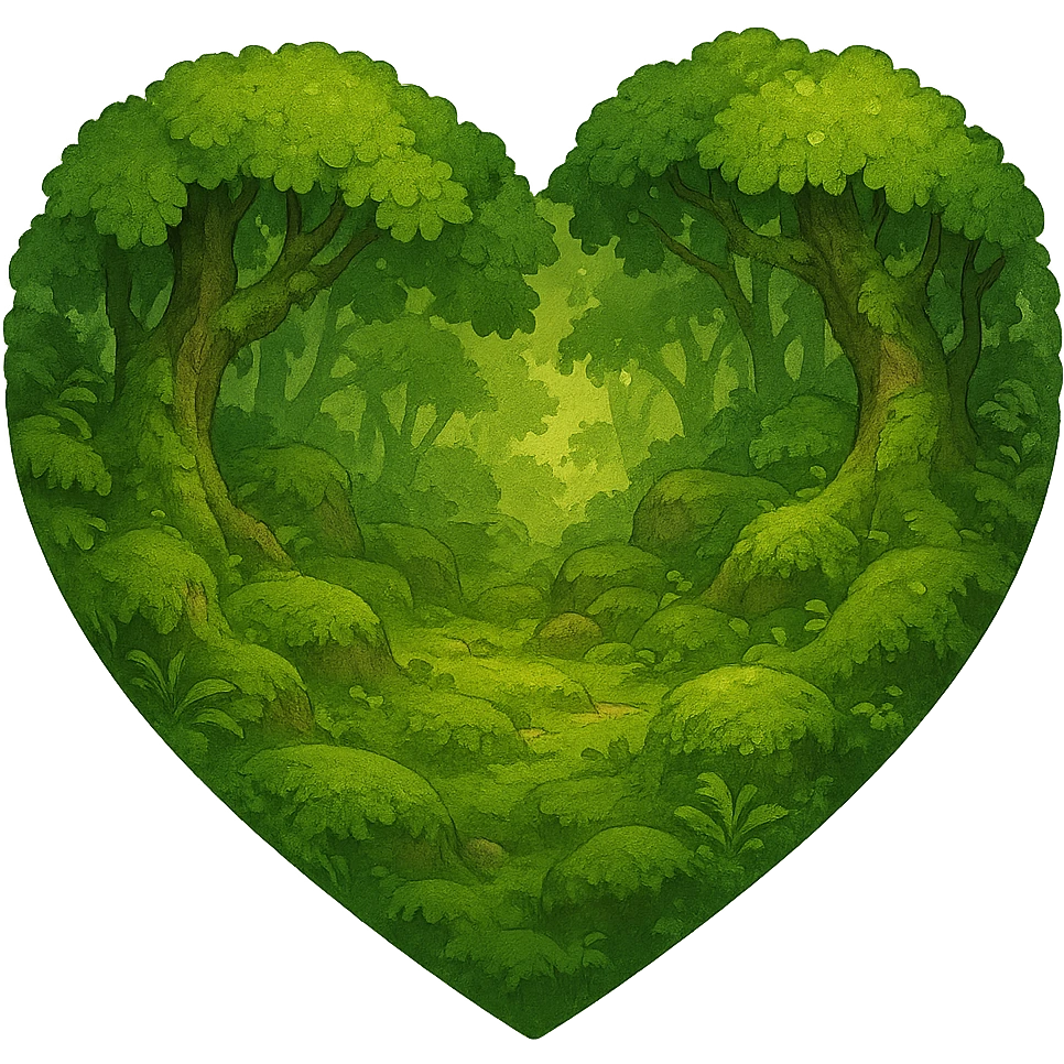 heart with a lush mossy woodland, clean digital illustration, no background emoji