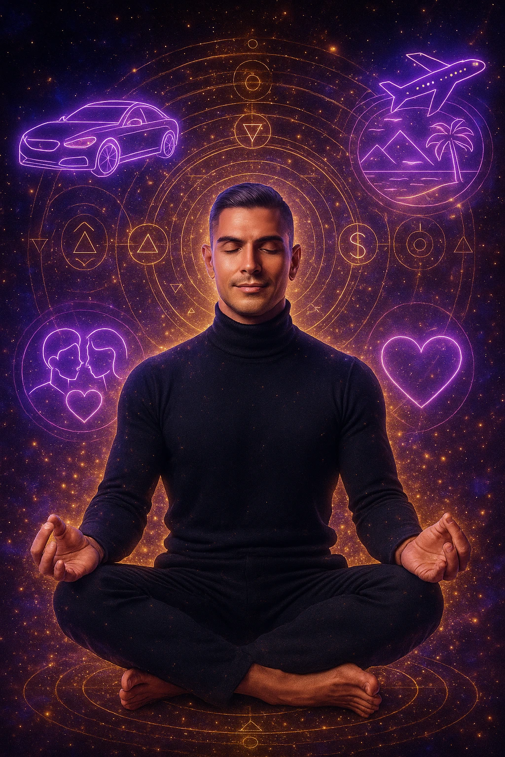 "Un uomo in meditazione fluttuante nello spazio cosmico, circondato da particelle dorate e simboli alchemici. Intorno a lui, oggetti e situazioni dei suoi desideri (auto, viaggi, amore) si materializzano come ologrammi luminosi. Stile cyber-mistico, colori viola e oro." emoji