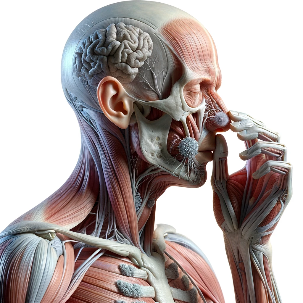 corpo umano anatomico che si soffia il naso perché ha il raffreddore, iperrealistico 4k, isolato su sfondo bianco emoji