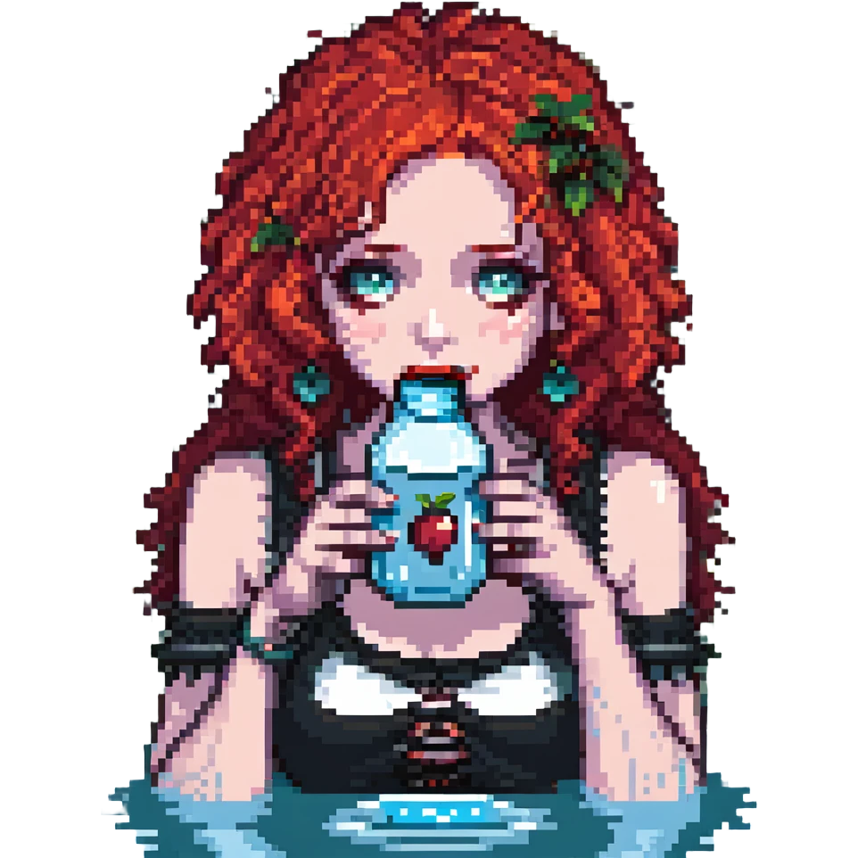 close-up goth girl with red cherry curly hair drinking water, pixel art style emoji
