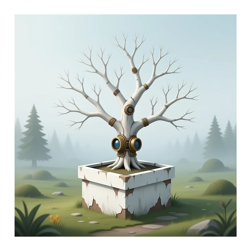 steampunk - white bare old tree grows from a dilapidated white box emoji