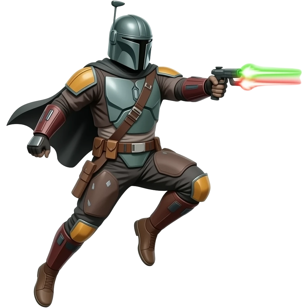 Mandalorian jump in air, diagonal composition, dynamic action scane, shooting (Green and red colors) emoji