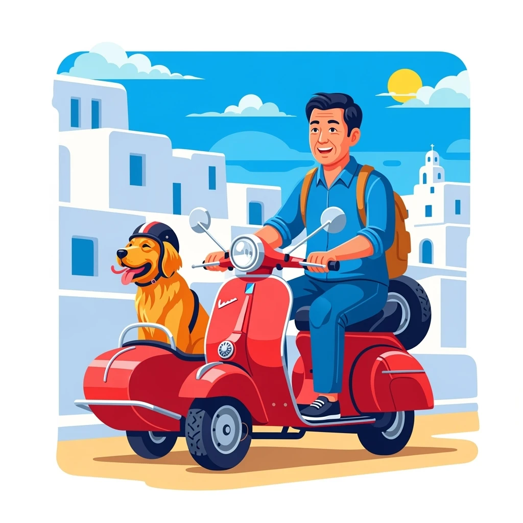 vector art of a man and his pet dog riding a vespa, for website design emoji