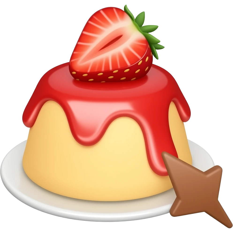 Flan with strawberry sauce and arrow pointed down emoji
