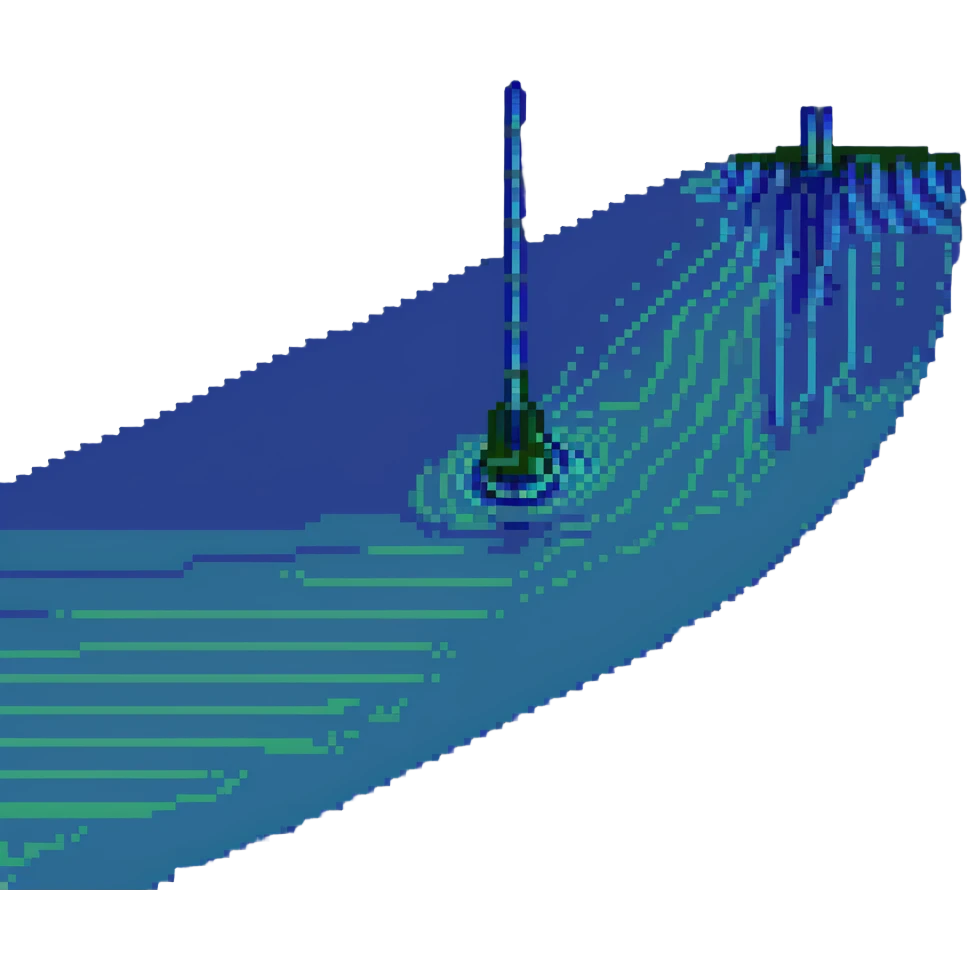 Hydroacoustic map showing radio waves from a ship on the water surface scanning down to the seabed emoji