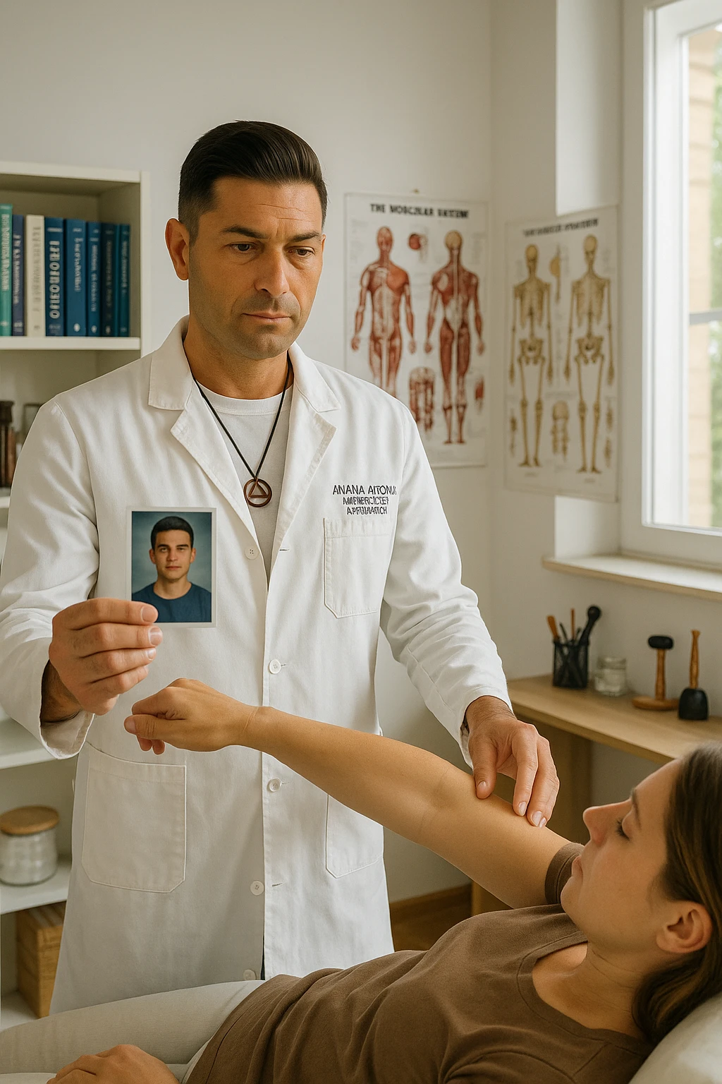 a middle-aged man, dressed in casual professional attire, is in a bright, organized therapy studio. Durante una visita di kinesiologia, il testimone tiene con una mano la foto di una persona lontana (il “testimone”) tiene la foto in mano, mentre con l’altra mano esegue un test muscolare su un cliente presente. Sullo sfondo si vedono libri di kinesiologia, poster anatomici e strumenti tipici della disciplina. L’atmosfera è concentrata e serena, con luce naturale che entra dalla finestra, sottolineando l’aspetto alternativo e umano della pratica. emoji