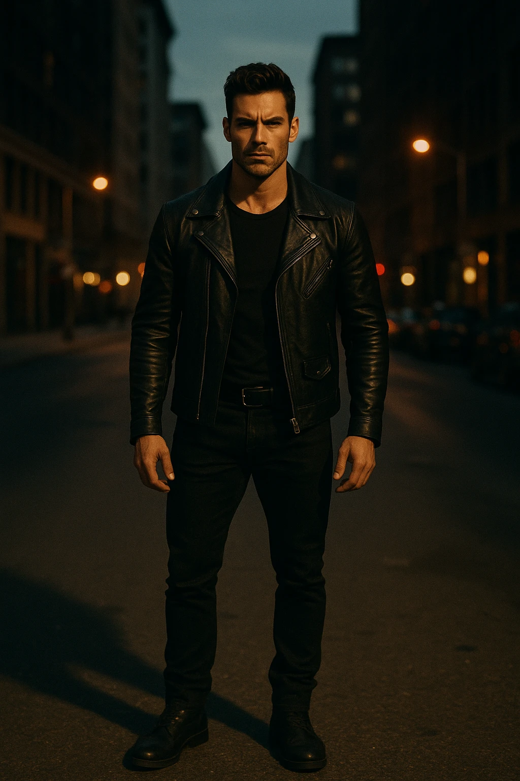 A confident, strong man standing in the middle of a city street at dusk, wearing a black leather jacket and boots, sharp jawline, intense gaze. Radiating masculine energy. Cinematic lighting, moody urban background, dramatic shadows, shallow depth of field. 35mm film style emoji