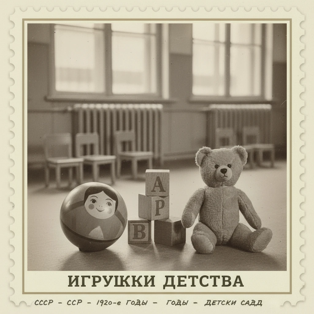 Марка на которой изображены игрушки 1920-х годов в СССР: неваляшка, кубики, медвежонок. На заднем фоне за игрушками - стульчики, батареи и окна детского сада

Стиль марки такой же, как на прикрепленном фото emoji
