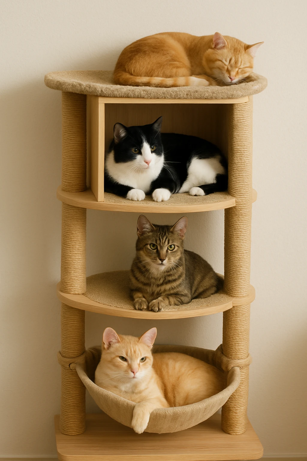 cats relaxing in a vertical playhouse emoji