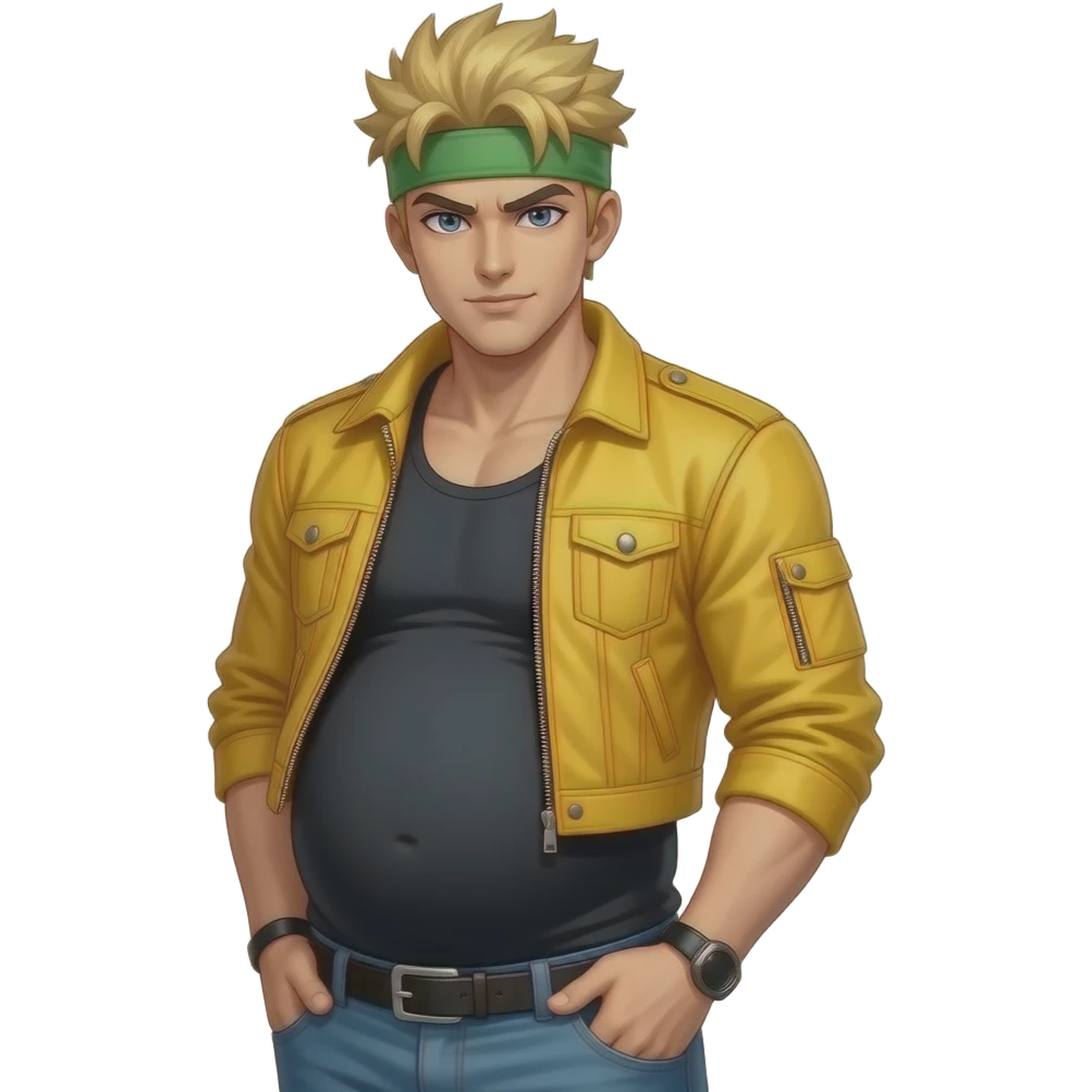 A pregnant man that looks like Dio Brando from Jojo’s Bizzare Adventure. He is wearing a yellow jacket cropped at the waist, a black tank top, and a green headband emoji