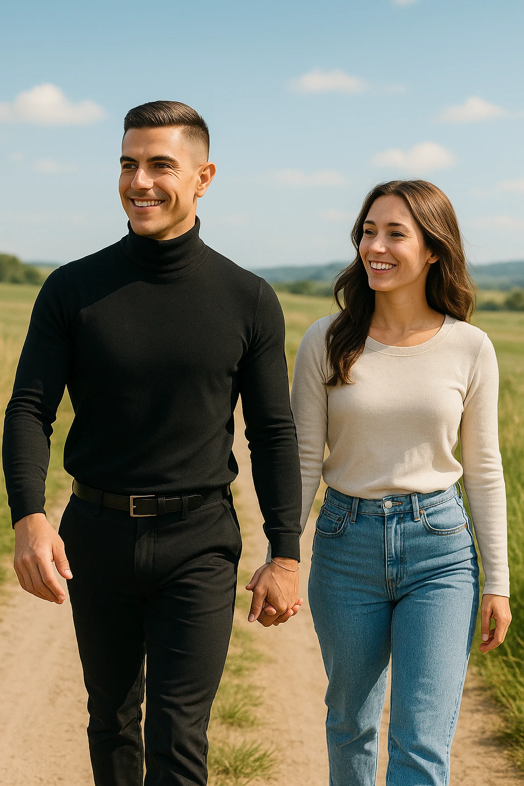 a couple walks together along a path, the man gently leading the way while the woman follows with trust and a smile. Both appear confident and content, symbolizing partnership and mutual respect. The background is a bright, open landscape, evoking a sense of shared journey and harmony. emoji