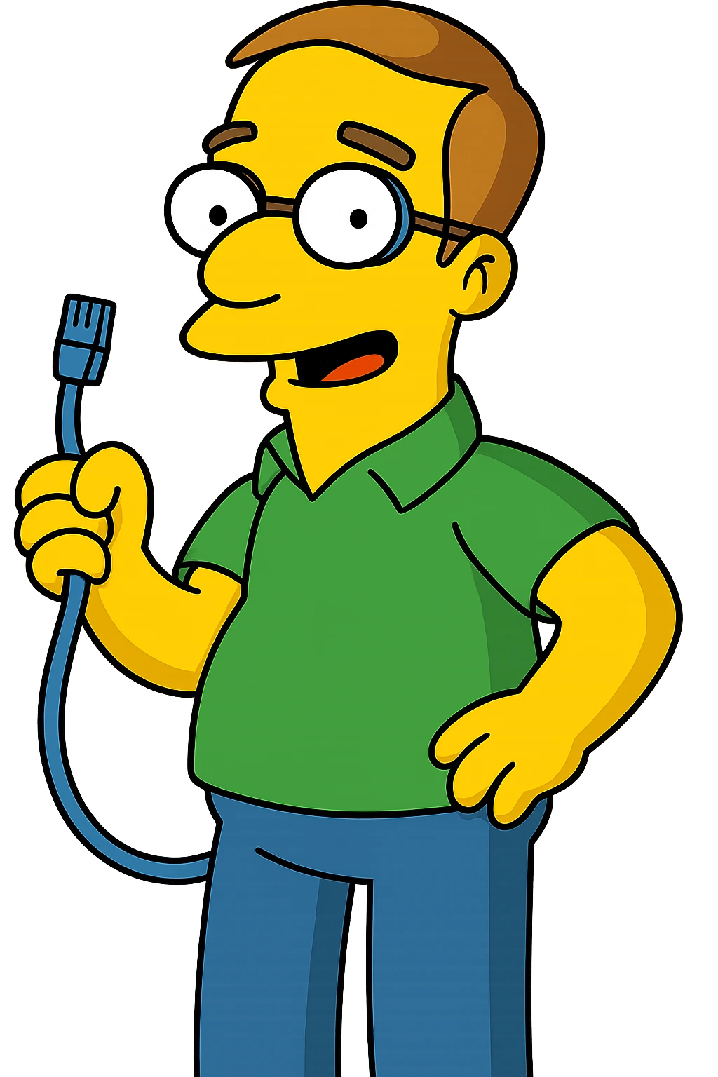 Simpsons-style IT technician, yellow skin, glasses, green shirt, holding a network cable, cartoon look emoji