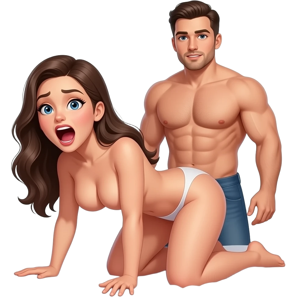 Now can you keep these faces here, but make us both completely naked, showing her boobs and make her scream, make me stand behind her with my dick out, can you remove my abs and give me some weight, and bend her over a bed emoji