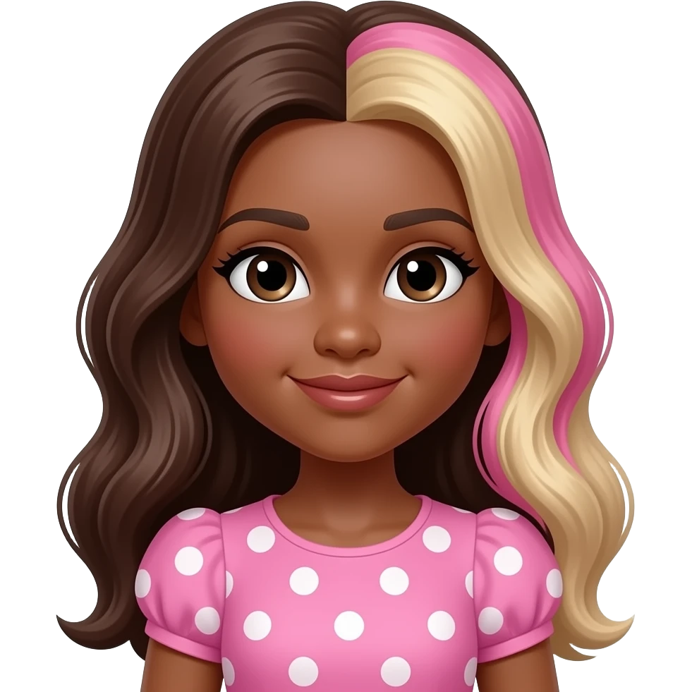 Dark brown eyebrows,Bo peep girl, Dark brown skin, Doll shaped face, doll eyes, pink, wavy with side part longer blonde hair, sexy pink Bo peep dress with  white polka dots emoji