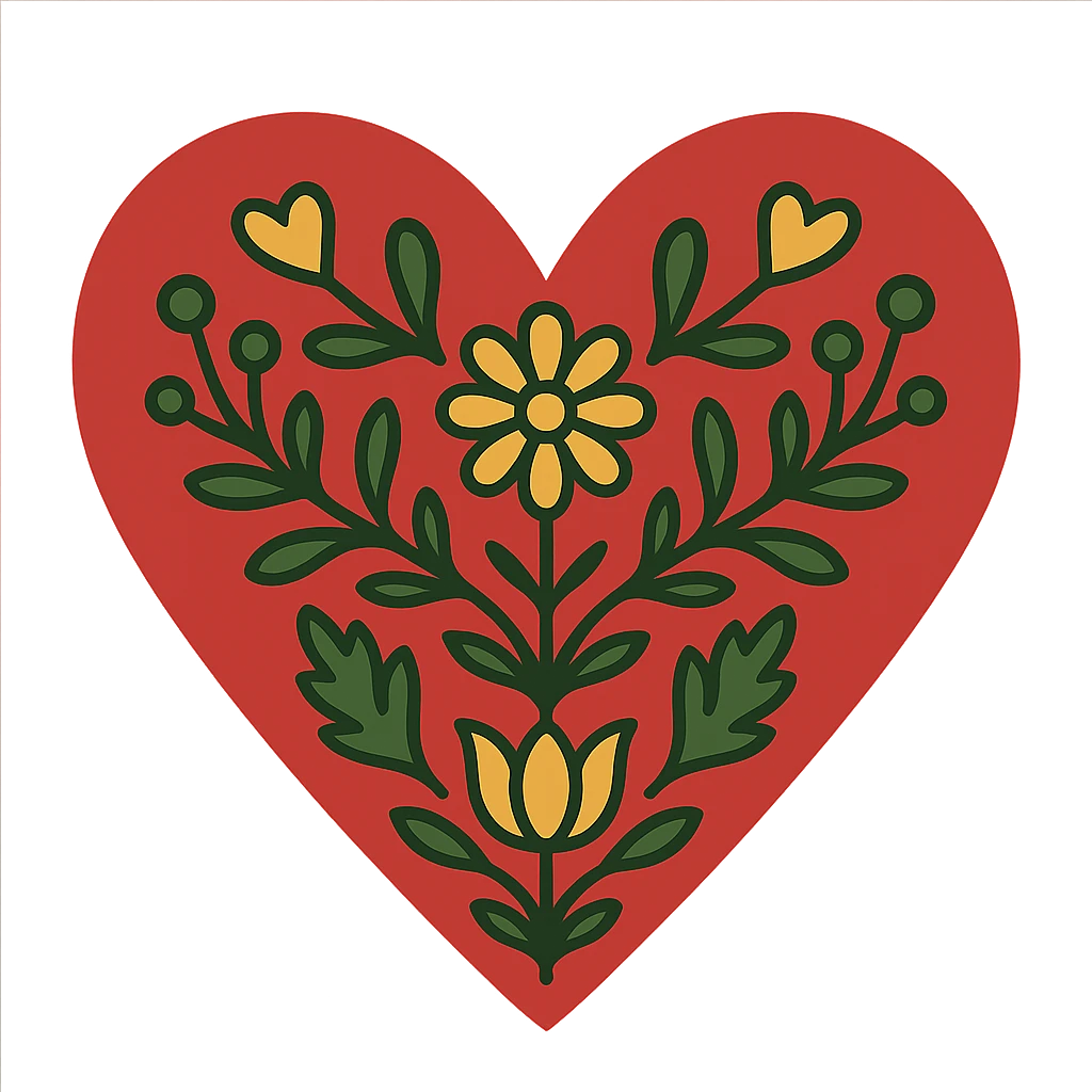 Red heart with Scandinavian folk art, minimalist nature motif, clean lines, simple floral elements, inspired by Swedish Dala painting, with transparent background. emoji