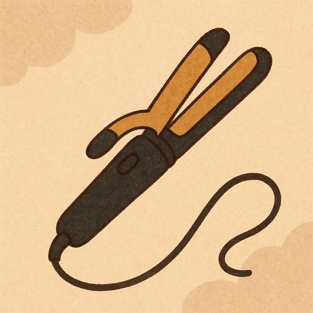 minimal flat style curling iron, slightly open, black base, gold plates, electrical cord emoji