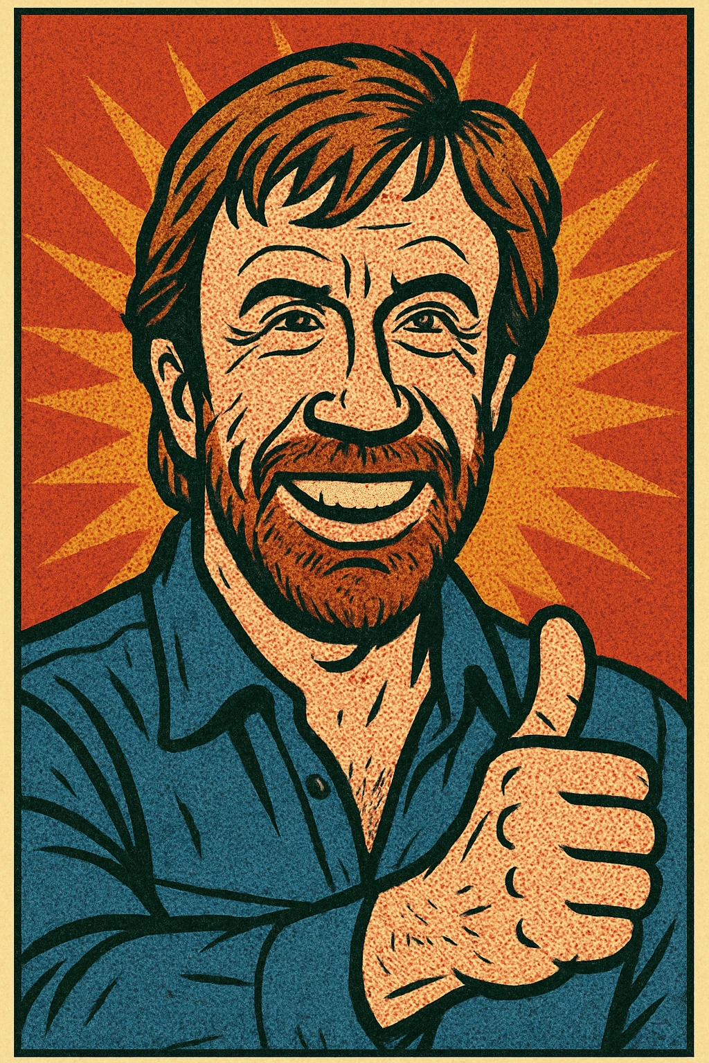 caricature style illustration of Chuck Norris giving a thumbs up of approval, exaggerated features, humorous and bold expression emoji