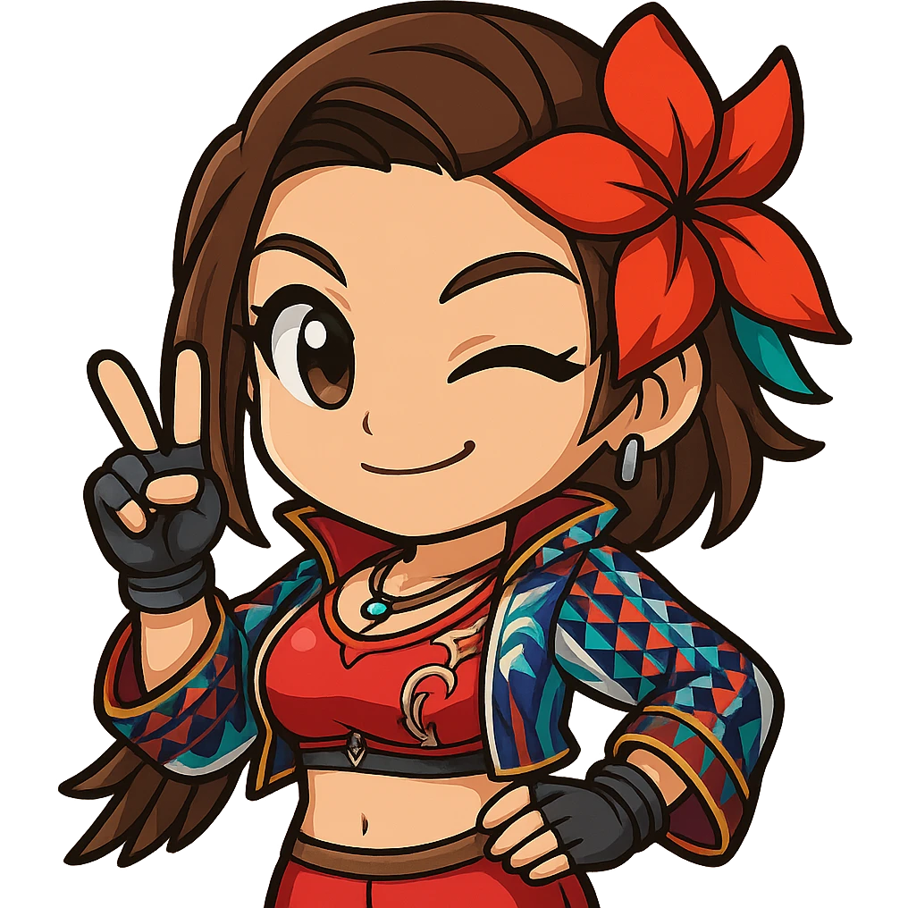 Azucena from Tekken 8 in chibi sticker style, winking and giving a peace sign, wearing the detailed red and patterned outfit from the reference images, designed for Twitch emote use. emoji