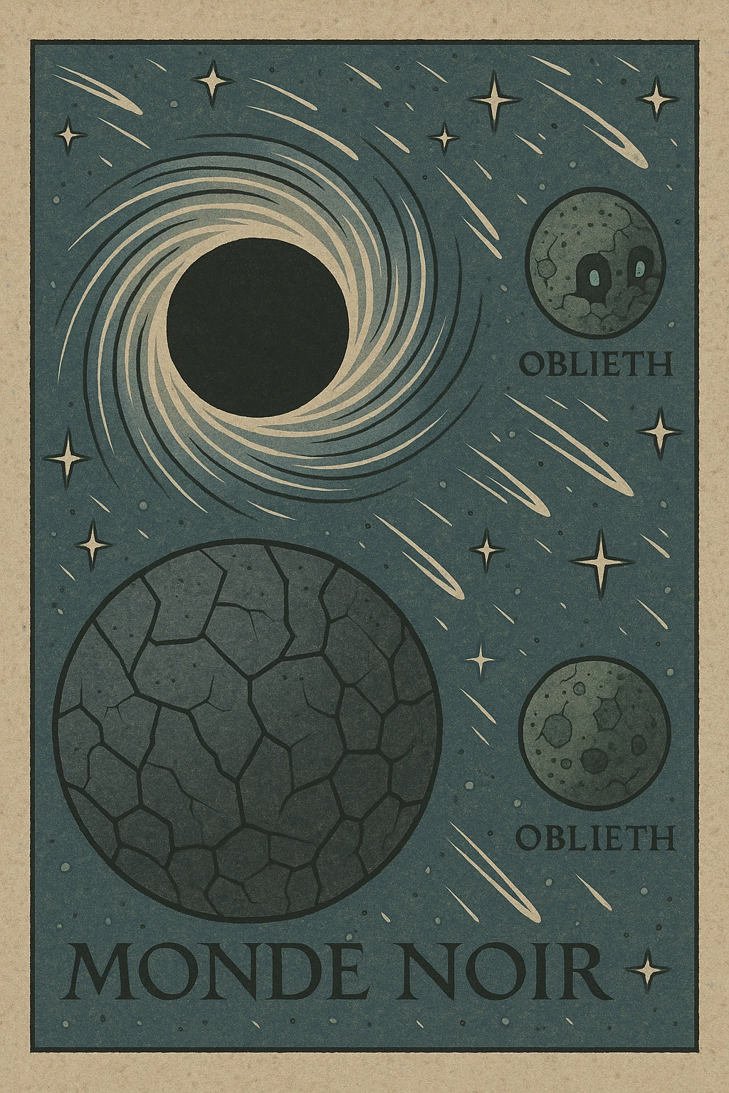 map of dark back ward -“A dark cosmic region orbiting a massive black hole. No sunlight. A dead solar system with twisted planets and moons circling in silence. Monde Noir looms in the foreground — a cracked, obsidian planet with no atmosphere. Its moon, Oblieth, floats nearby, scarred and pitted, with faint green lights glowing from within cave openings. Stars are distorted and streaked by gravitational lensing. The entire scene is heavy, quiet, and surreal.” emoji