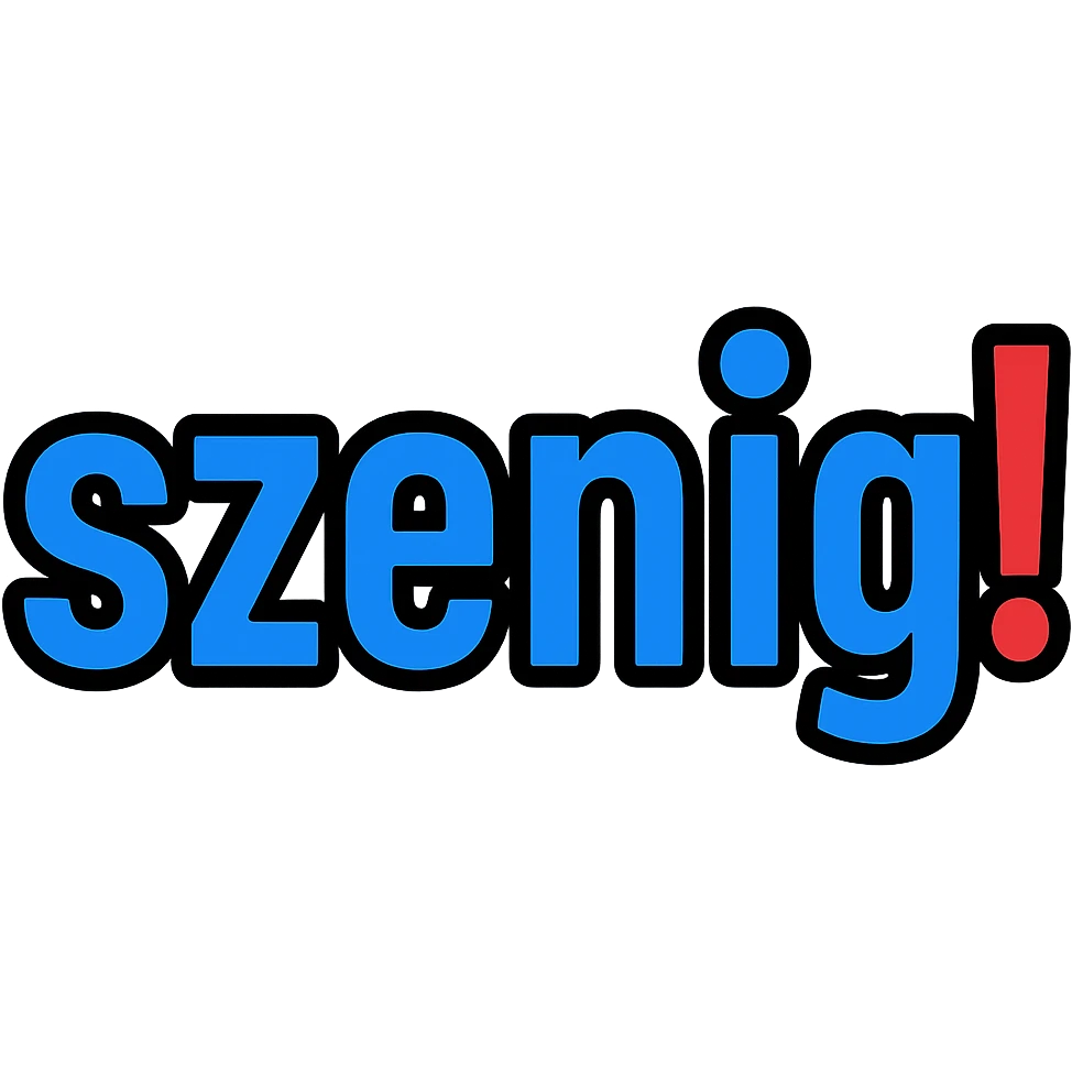Text logo with the word 'szenig!' filling the entire area. The word 'szenig' is in blue, and the exclamation mark is in bright red. Minimalist style with no background. emoji