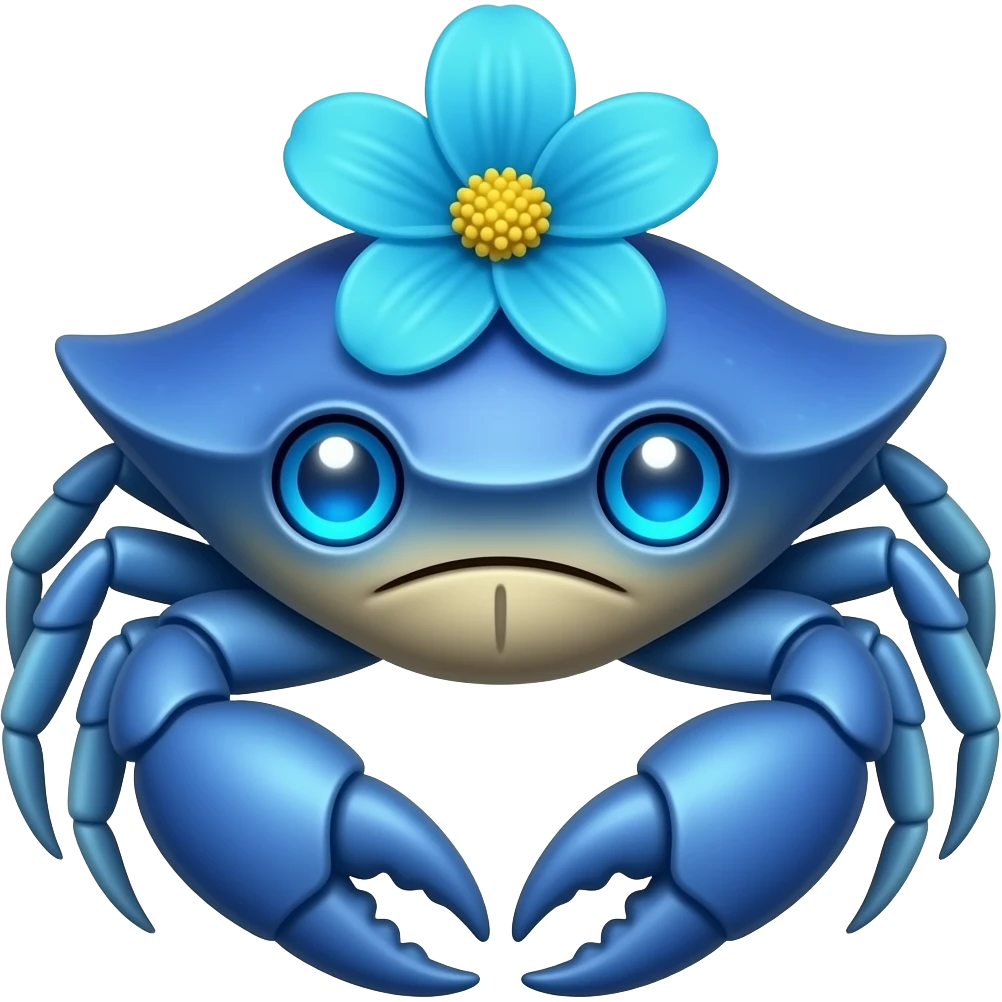 A blue crab with one blue flower a on its back with glowing blue eyes facing forward emoji