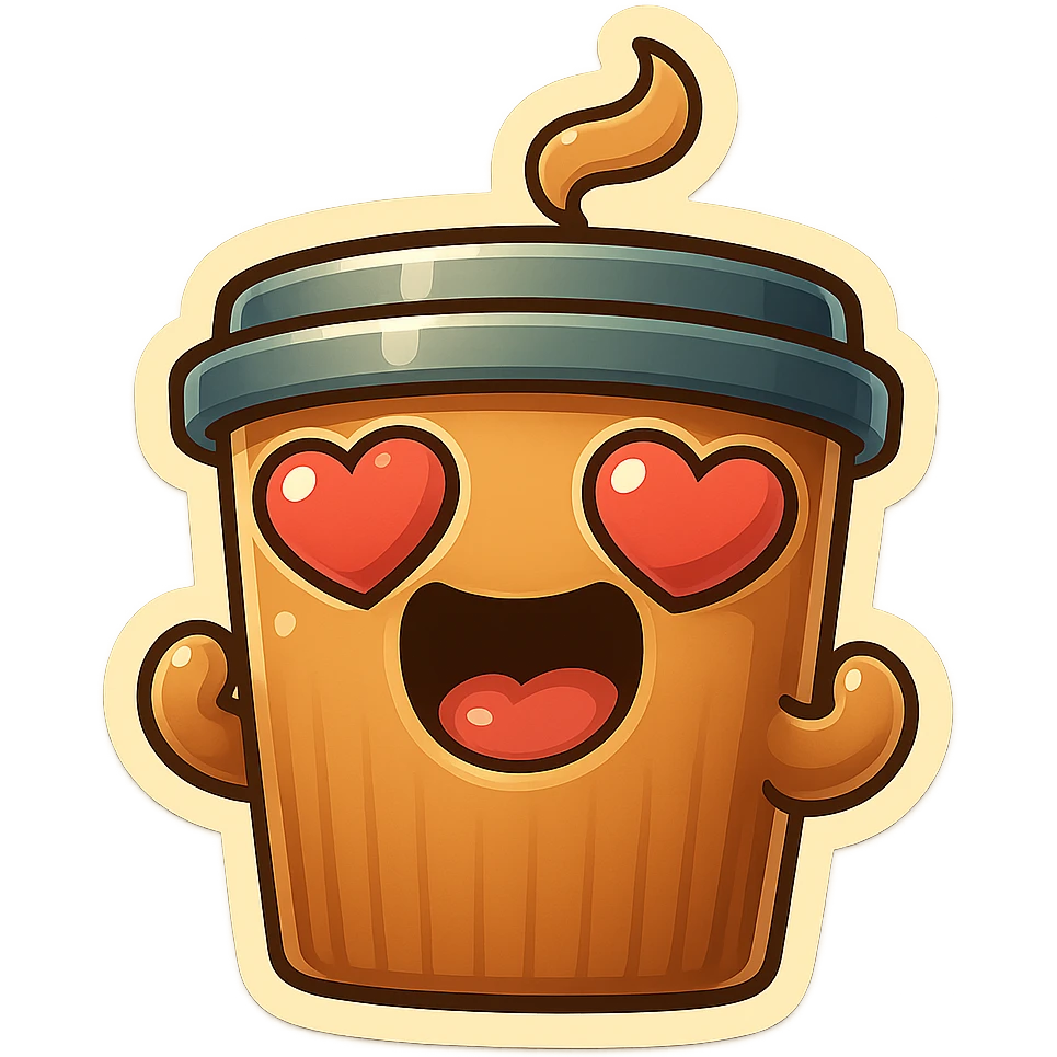 coffee cup creature, big heart eyes, dopey smile emoji