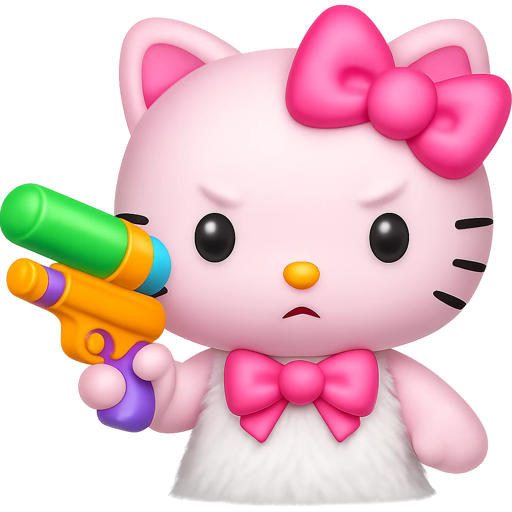 Replace the pistol with a bright water gun, keep the Hello Kitty character in emoji style, no background. emoji
