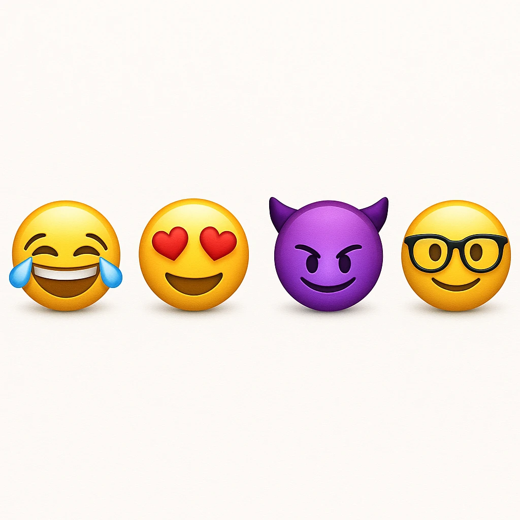 make four emojis on white background with good amount of shadow, four emojis of smiley's only. one laughing, second heart eyes, third purple devil and four black glasses emojis  emoji