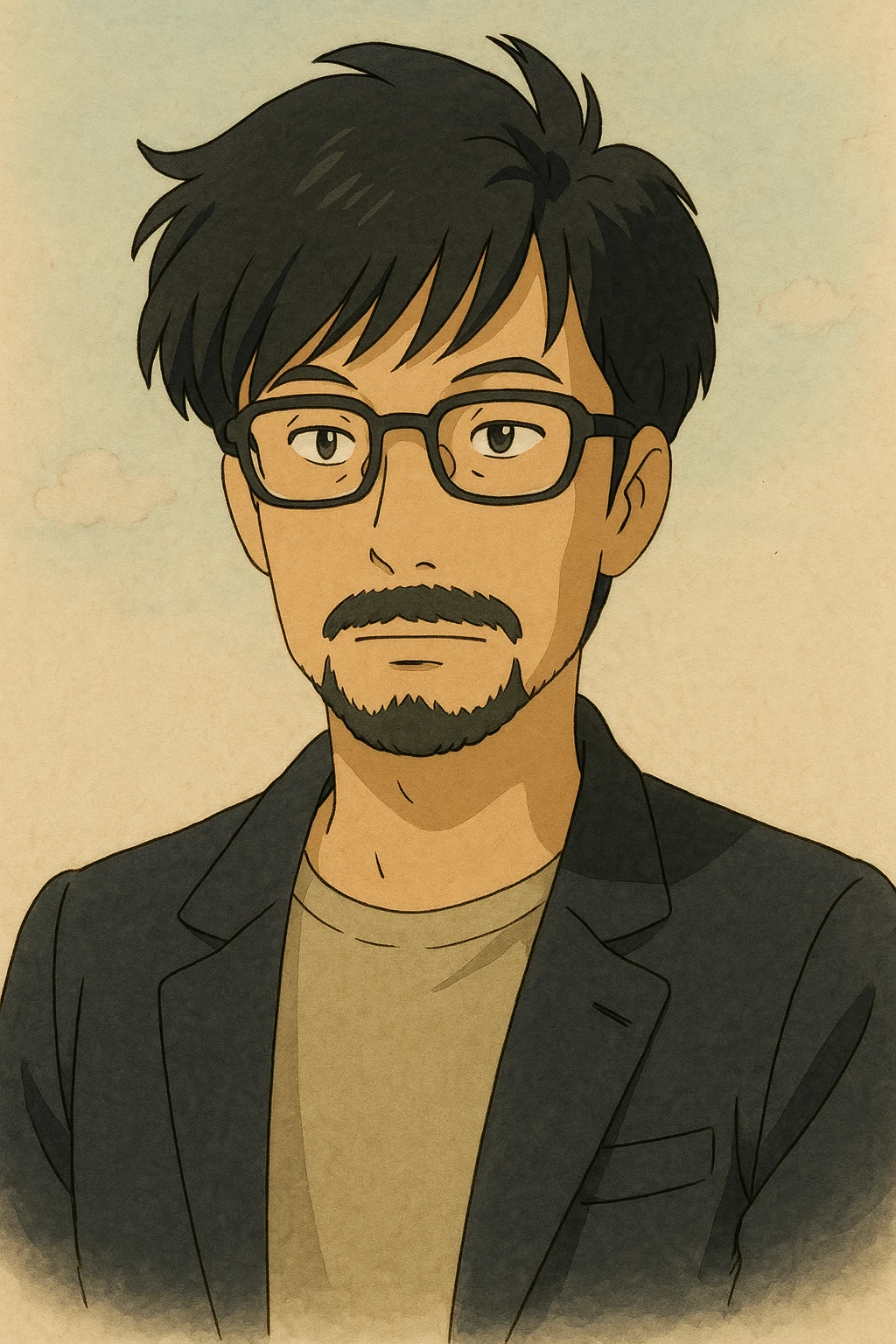 Hideo Kojima as a creative game director with glasses and unique hairstyle, stylized portrait in Ghibli style emoji