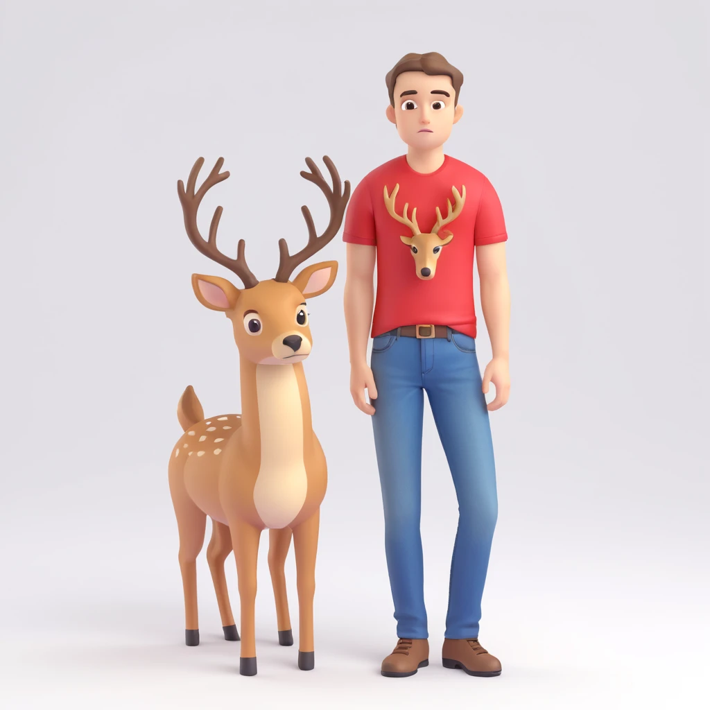 A casual guy with deer antlers, wearing a t-shirt and jeans, with a sad or thoughtful facial expression, neutral background, no snow emoji