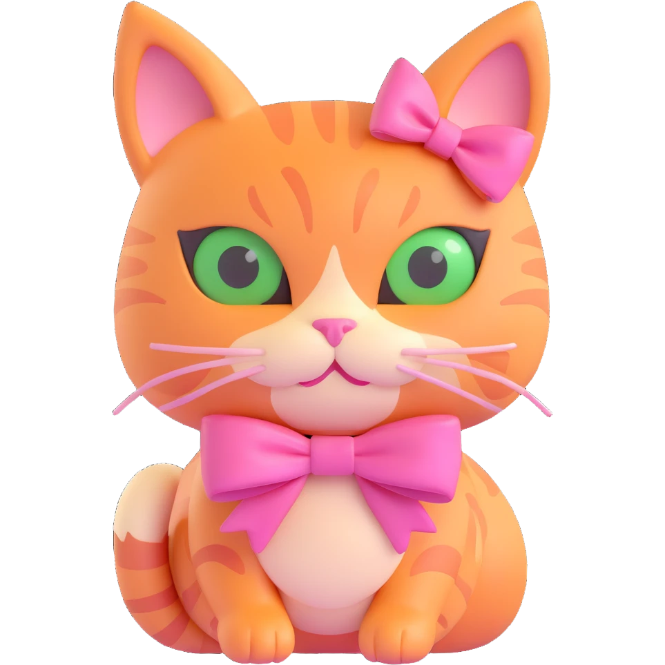 3D iOS style cat with a pink bow, green eyes, and light orange fur emoji
