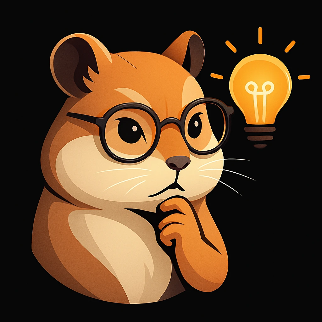 stylized illustration of a hamster with a paw on its chin, trendy glasses, and a bright idea lightbulb, not kiddish, solid black background emoji