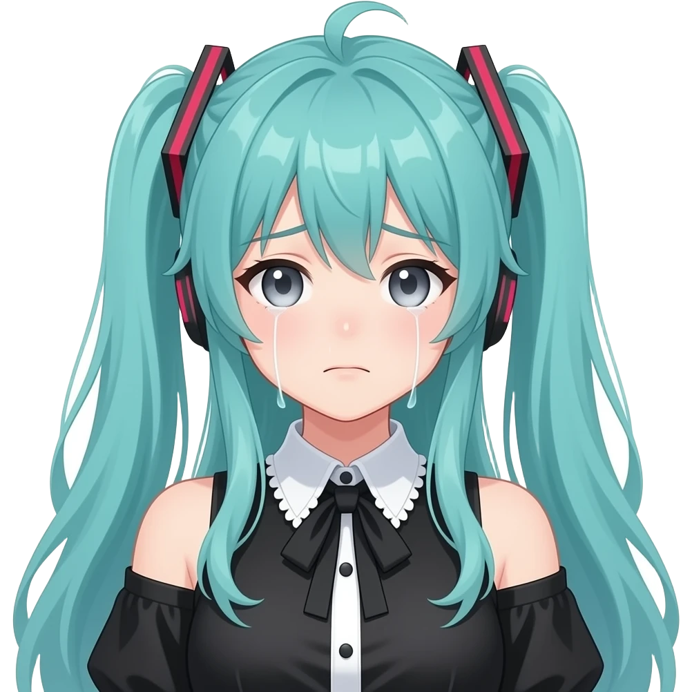 anime girl, sigh, long flowing teal hair, grey eyes, black shoulder cyberpunk blouse with fancy white collar emoji